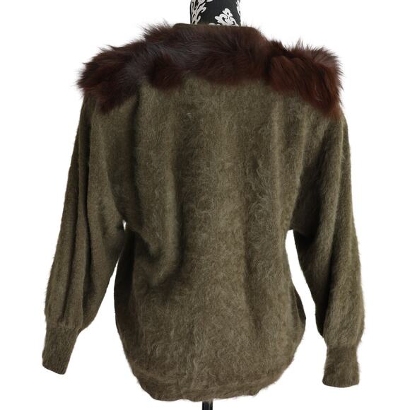 Women's Vintage Green Angora Rabbit Sweater W/ Imitation Fox - M - Picture 2 of 11